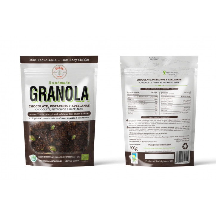 GRANOLA DE CHOCOLATE, PISTACHOS Y AVELLANAS eco