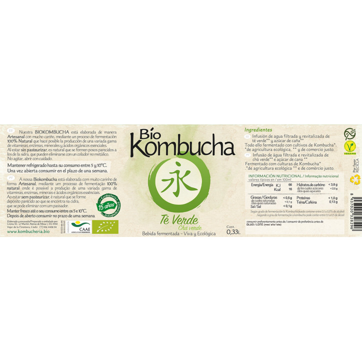 Bio Kombucha Té Verde 0,33L vidrio